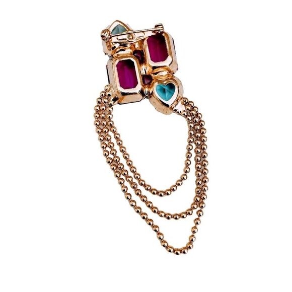 Vintage Gold-Tone Brooch With Pink & Blue Gemstones And Chain Drape Detail - Picture 2 of 2